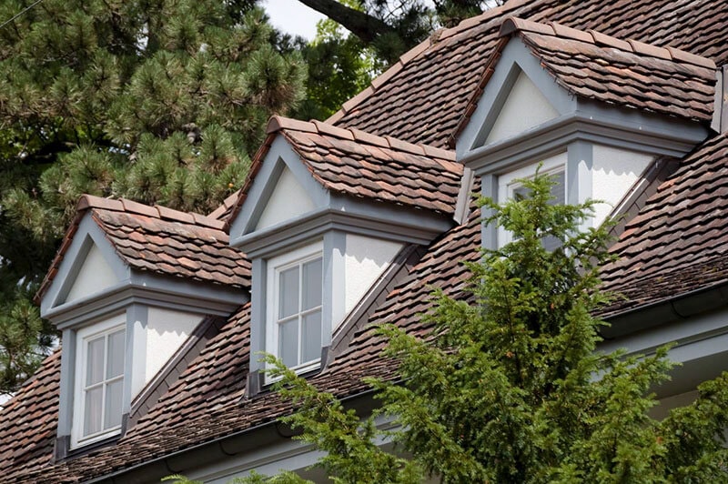 View from below of the low pitched roof of a terraced house with three dormer windows and dark roof shingles, with coniferous trees in the background.