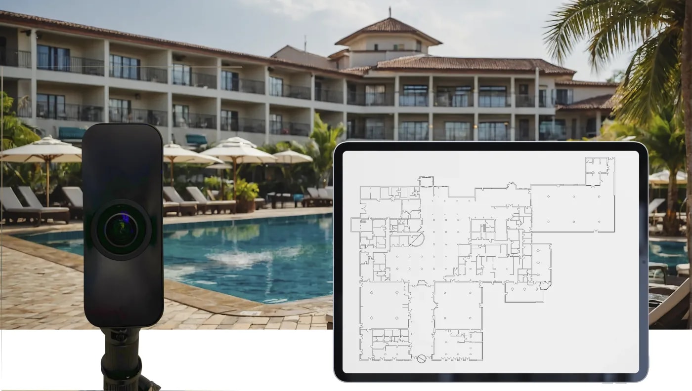 In the background, a low, three-story hotel building with a flat gable roof and a tower is visible, in front of which a Matterport camera and a tablet displaying the floor plan of the hotel complex can be seen