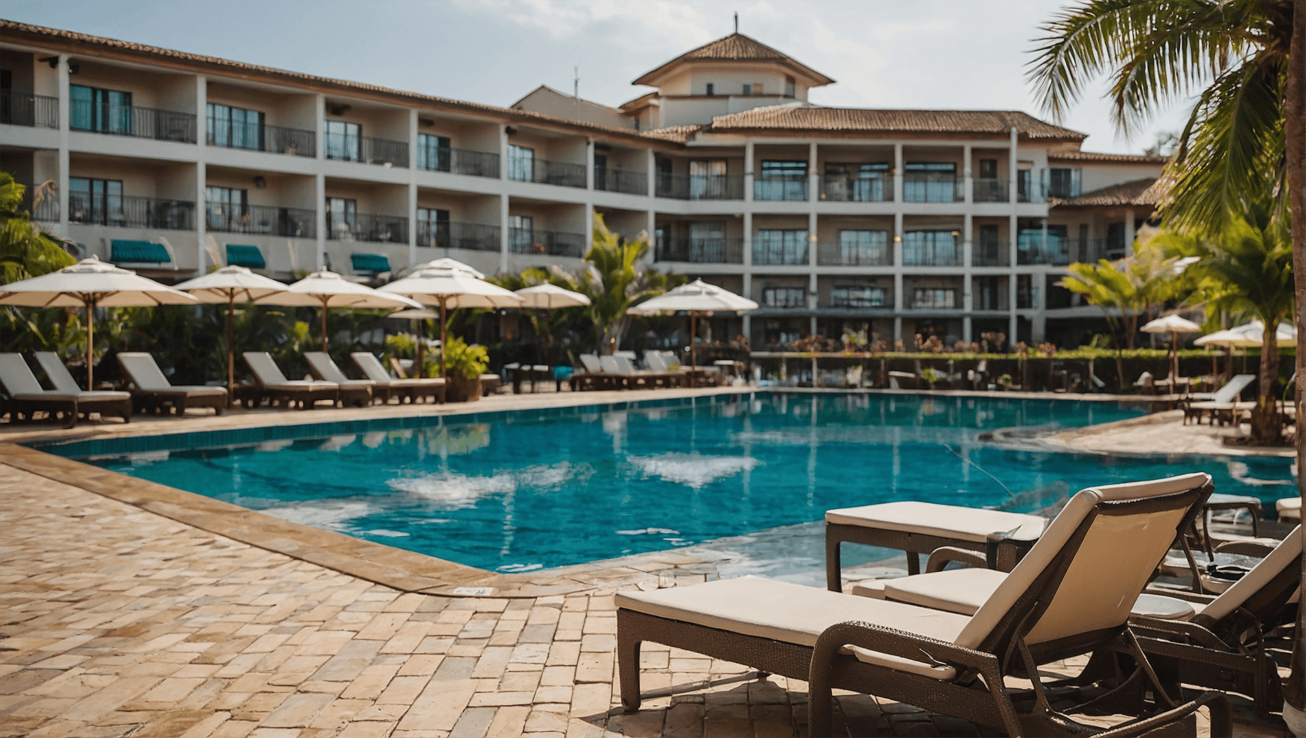 Photo of the hotel complex with a pool surrounded by groups of parasols and sun loungers